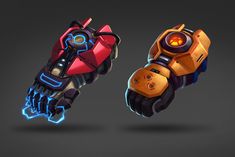 two different types of robot arms with glowing lights on their fingertipss, one is orange and the other is blue