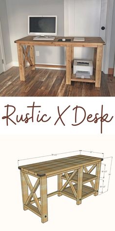 a computer desk made out of wooden planks with the words rustic x desk below it