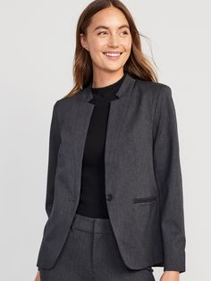 Charcoal Blazer Outfit, Fresh Crop, Fall Workwear, Cropped Chinos, Cropped Flare Pants, Navy Coat, Pixie Pants, Single Button Blazer, Pink Blazer