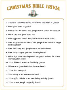 christmas bible trivia with the words, which are written in gold and white letters