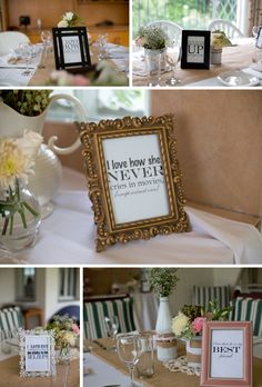 the wedding table is set up with pictures and place cards for guests to take home