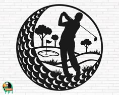 a silhouette of a man playing golf on a brick wall