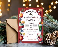 a christmas party card with drinks and pine cones on the table next to an envelope