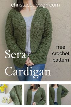 a woman wearing a green cardigan with three pictures of the front and back views