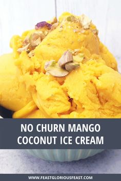 no churn mango coconut ice cream in a blue bowl