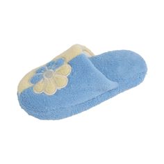 a blue slipper with a yellow flower on the front and back side, sitting against a white background