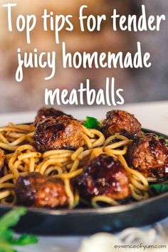 meatballs and noodles in a skillet with the words, the essence of meatballs