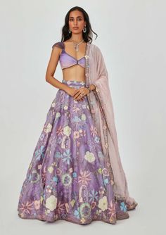 Aisha Rao-Darya Amethyst Embellished Lehenga Set-INDIASPOPUP.COM Luxury Purple Lehenga For Eid, Luxury Lavender Lehenga For Women, Kali Lehenga, Aisha Rao, Raw Silk Lehenga, Organza Lehenga, Embroidered Lehenga, Pleated Blouse, Purple Satin