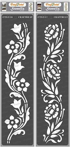 two decorative stencils with flowers and leaves on them, one is black and the other white