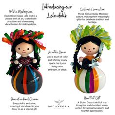 two dolls sitting on top of each other in different colors and sizes, with captions describing the differences between them