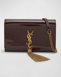 Saint Laurent Kate YSL Tassel Patent Leather Crossbody Bag | Neiman Marcus Ysl Wallet On Chain, Ysl Wallet, Ysl Logo, Wallet On Chain, The Saint, 6 D, Curb Chain, Leather Crossbody Bag, Dark Red