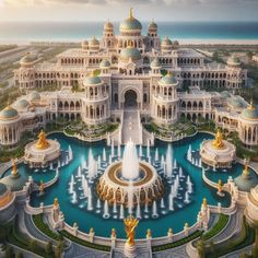 an aerial view of a palace with fountains