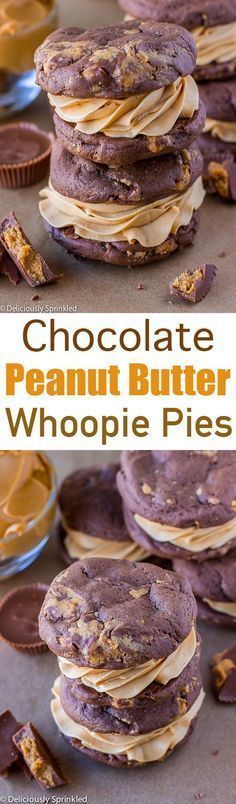 chocolate peanut butter whoopie pies are stacked on top of each other with the words, chocolate peanut butter whoopie pies