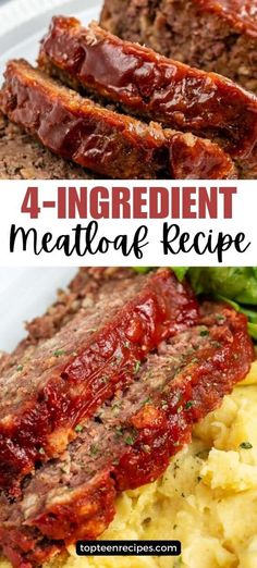 meatloaf recipe on a plate with mashed potatoes