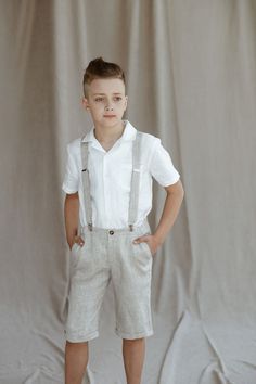 Boys Linen Shorts With Suspenders / Toddler Ring Bearer Shorts - Etsy Wedding Outfit Formal, Ring Boy Outfits, Toddler Ring Bearer, Boys Wedding Outfit, Shorts With Suspenders, Dress Pics, Wedding Outfit For Boys, Suspender Pants, Wedding Party Outfits