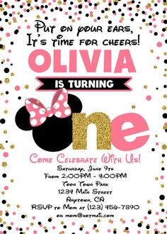 a minnie mouse birthday party with pink and gold confetti, polka dots, and glitter