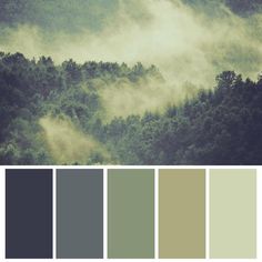 the color palette is green and gray with some trees in the background, including fog