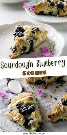 blueberry scones on plates with spoons and flowers