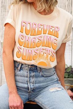 Forever Chasing Sunsets Summer Graphic T Shirts.Unisex Crew Neck Short Sleeve Tees.Crafted from premium materials, tailored to your lifestyle, ensuring a comfortable fit for any occasion.Family Group Uniforms Birthday Party Gift Concert Festival Events.High Quality Direct To Film Printed Graphic Design.100%COTTON,HEATHER(52%COTTON,48%POLY),ATH.HEATHER,BLACK HEATHER(90%COTTON,10%POLY)NICARAGUAMade In: Nicaragua Trendy Summer T-shirt With Lettering, Casual Summer T-shirt With Lettering, Summer Everyday Tops With Letter Print, Summer Tops With Letter Print For Everyday, Summer Letter Print Tops For Everyday, Summer Short Sleeve T-shirt With Lettering, Spring Soft-washed Summer T-shirt, Spring Soft-washed T-shirt, Soft-washed T-shirt For Spring