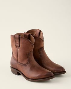 Count on this short cowboy boot to add fun Western style to any look, from casual days to dressy-ish nights. Crafted in premium leather and suede, with side tabs for pull-on ease. By Frye. Slip-on style. Leather-wrapped footbed. Goodyear welt construction. Leather sole. Frye Womens Boots, Frye Brown Boots, Vintage Frye Boots, Frye Engineer Boots, Short Cowboy Boots, Garnet Hill, Mens Cowboy Boots, Mens Cowboy, Leather Cowboy Boots