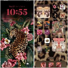 an image of a phone screen with flowers and leopards on the screen, next to another