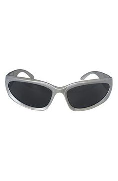 Polarized lenses mean color-true clarity in smart sunglasses that fuse form and function. Includes transparent travel case and microfiber cloth 72mm lens width; 21mm bridge width; 122mm temple length 100% UV protection Polycarbonate Imported Futuristic Silver Sunglasses With Mirrored Lenses, Futuristic Sunglasses With Uv Protection, Futuristic Plastic Sunglasses With Uv Protection, Silver Mirrored Lenses Sunglasses In Polycarbonate, Silver Sunglasses With Mirrored Lenses In Polycarbonate, Silver Polycarbonate Sunglasses With Uv Protection, Silver Sunglasses With Uva Protection, Modern Shield Sunglasses With Anti-reflective Plastic, Modern Plastic Shield Sunglasses With Anti-reflective Coating