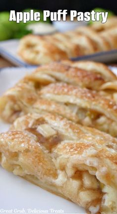 A white plate with a couple slices of apple pastry and the title of the recipe at the top of the photo. Puff Pastry Apple Turnovers, Apple Recipes With Puff Pastry, Puff Pastry Ingredients, Puff Pastry Apple, Puff Pastry Recipes Dessert, Pastries Recipes Dessert, Pepperidge Farm Puff Pastry, Apple Pastry, Apple Puff Pastry