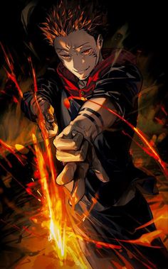 an anime character with red hair and black clothes holding a knife in his hand while standing on fire