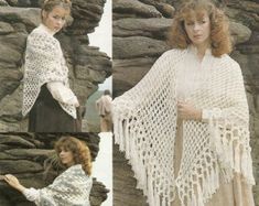 two pictures of women wearing crocheted shawls, one in white and the other in beige