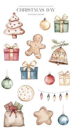 watercolor christmas illustrations with presents and ornaments