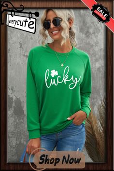 Green St. Patrick's Day Lucky Clover Print Graphic Sweatshirt Clover Print, Lucky Clover, Winter Sweatshirt, Print Graphic, St Patrick’s Day, St Patrick, Graphic Prints, Graphic Sweatshirt, Fall Winter