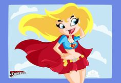 a cartoon girl with blonde hair wearing a red skirt and blue shirt is posing for the camera