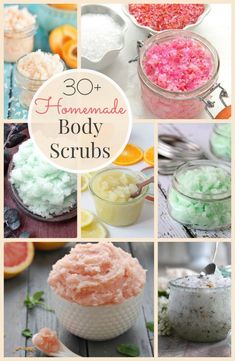 homemade body scrubs in jars and bowls with text overlay that reads 30 homemade body scrubs