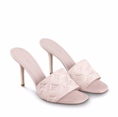 Luis Viton, Louis Vuitton High Heels, Lv Heels, Louis Vuitton Slippers, Louis Vuitton Heels, Posting Content, Slippers Outfit, Pink Mules, Monogram Pattern