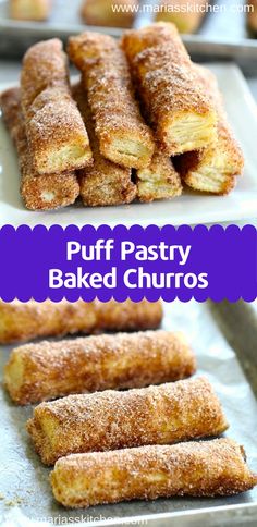 puff pastry baked churros with powdered sugar on top and the words puff pastry baked