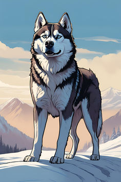 a husky dog standing on top of a snow covered hill with mountains in the background