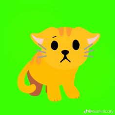 a yellow cat sitting on top of a green background with an angry look to it's face