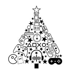 a black and white christmas tree with video game related items around it, all in the shape of a star