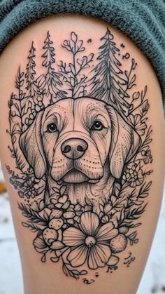 Discover the beauty and loyalty of Labrador Retrievers with these charming tattoo ideas. Whether you're looking for a small and simple design or a more intricate piece, we've got you covered! Labrador tattoos are perfect for dog lovers who want to carry their furry friend with them everywhere they go. Embrace your love for these wonderful companions and show off your unique style with a Labrador Retriever tattoo. Perfect for women who want to celebrate the bond they share with their beloved four Dog And Rose Tattoo, Forearm Dog Tattoo, Fine Line Labrador Tattoo, Dog Groomer Tattoo Ideas, Animal Tattoos With Flowers, Labrador Tattoos, Tattoo Pesca, Yoyo Tattoo, Dog And Cat Tattoo Together