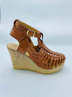 Casual Brown Wedge Sandals With Round Toe, Casual High Heel Wedge Sandals, Casual Slip-on Wedge Sandals, Casual Closed Toe Wedge Sandals With Removable Insole, Casual Beach Wedge Heels, Casual Closed Toe Platform Heels, Casual Leather Wedge Sandals With Woven Sole, Casual Platform Wedge Sandals, Casual Wedge Sandals With Stacked Heel For Vacation