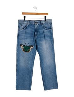 Gucci Wide Leg JeansBlueGraphic PrintLight Wash with High-Rise5 PocketsRaw-Edge & Embroidered AccentsZip & Button ClosureFit:Jeans by Gucci typically fit true to size. Classic Gucci Denim Jeans, High Rise Wide Leg Jeans, Wide Leg Jeans, Leg Jeans, Wide Leg, High Rise, Gucci, Clothes For Women, Clothes