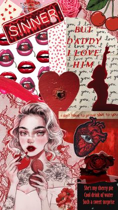 altered collage with red and black images, hearts, roses, words, and other items