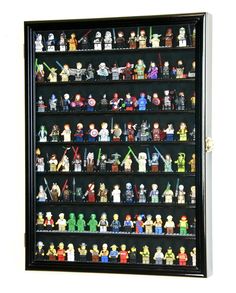 a display case filled with lego minifigures and action figures on black shelves