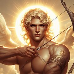 a man holding a bow and arrow in front of the sun with wings on his chest