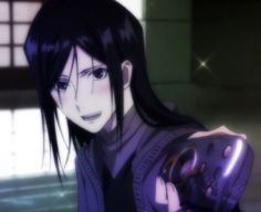 an anime character with long black hair holding a purple object in her hand and looking at the camera