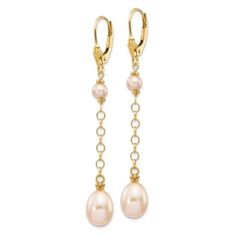 14K yellow gold 5-8mm pink freshwater cultured pearl dangle earrings with polished finish. Measures approximately 2 3/16"L x 5/16"W and have leverback closures. Pearl Dangle Earrings, Leverback Earrings, Pearl Earrings Dangle, Fresh Water, Dangle Earrings, Yellow Gold, Yellow, Pink, Gold