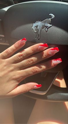 Silver Nails With Red Accent, Red And White Nails For Prom, Red And Silver Tip Nails, Red Homecoming Nail Ideas, Homecoming Nails Red Dress, Red Nails Acrylic Design Simple, Cute Red Prom Nails, Short Nails Red And White, Red Nails Acrylic Homecoming