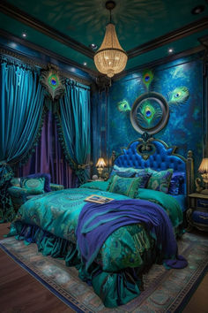 a peacock themed bedroom with blue and green walls, chandelier and bedding