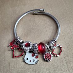 Sanrio Hello Kitty Red And Silver Pandora Style Charm Bangle Bracelet Tags: Heart Butterfly Charms Kawaii Kidcore Y2k 90s Sanrio Hello Kitty Pandora Women's Bracelet Nickel-free Red Metal Bracelets, Nickel-free Red Metal Bracelet, Red Nickel-free Metal Bracelets, Red Nickel-free Metal Bracelet, Red Metal Charm Bracelet, Adjustable Red Metal Charm Bracelet, Red Metal Bracelets With Charms, Adjustable Nickel-free Red Charm Bracelet, Hello Kitty Pandora