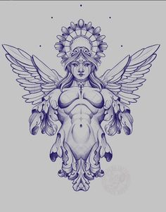 a drawing of a woman with wings on her chest and an angel headdress